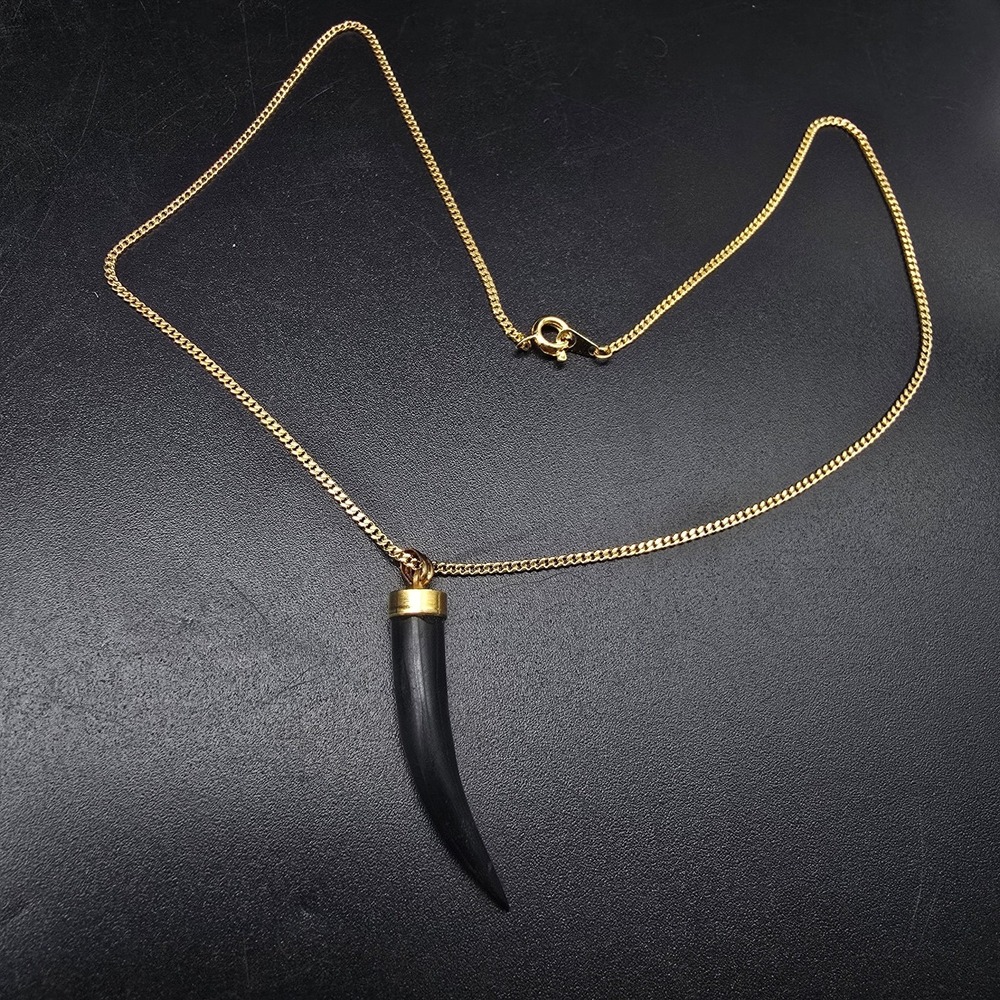 Italian Horn Pendant Necklace Black Gold Tone Vintage Costume Jewelry